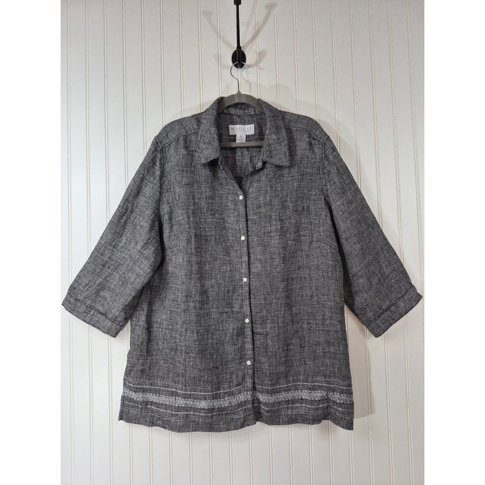 Vintage M. McNaughton 2XL 100% Linen Button Front Shirt 3/4 Sleeve Black White